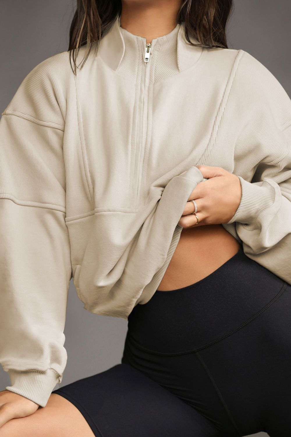 Half Zip Drop Shoulder Long Sleeve Sweatshirt - Charming Charlie