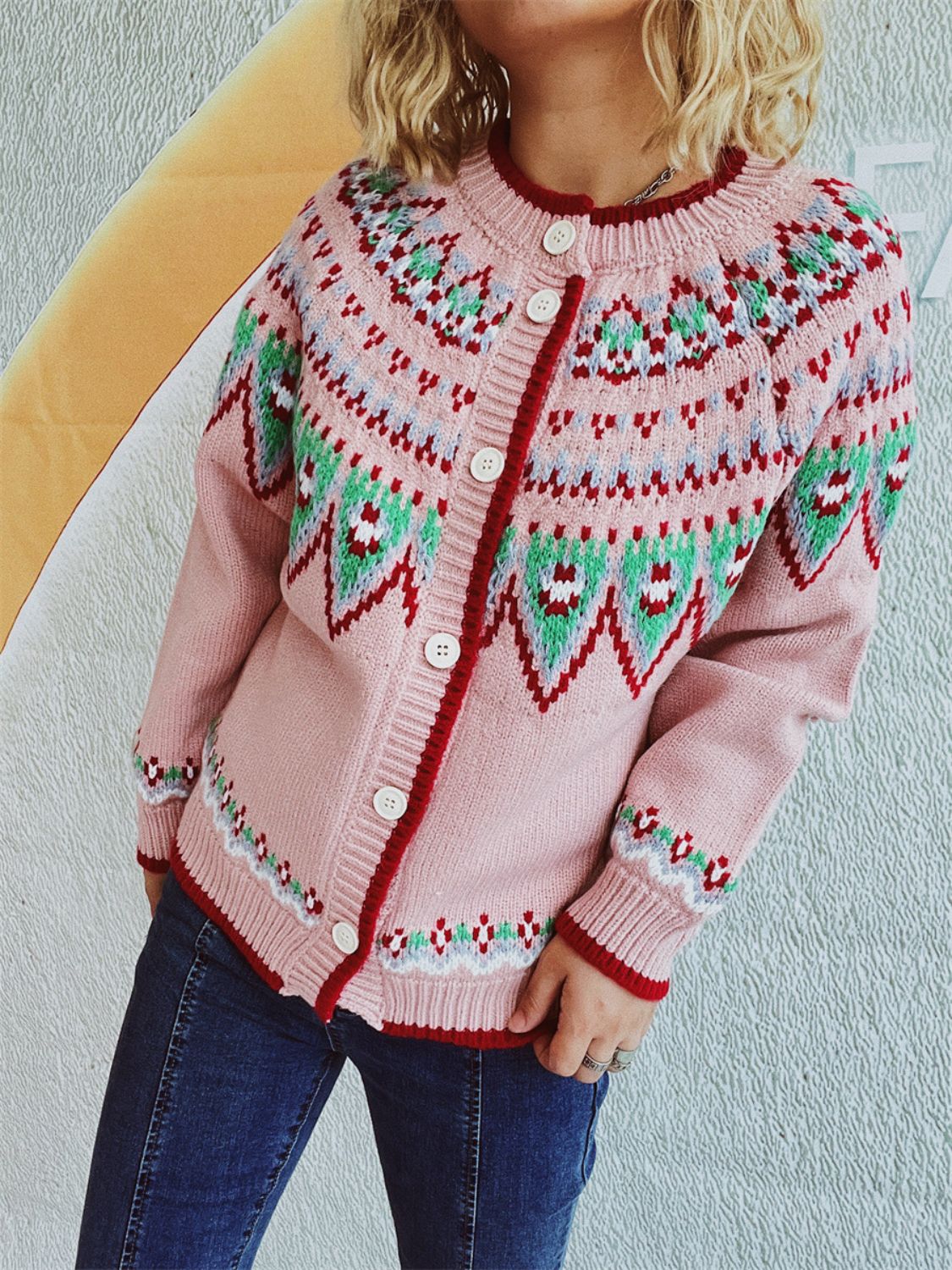 Contrast Geometric Round Neck Long Sleeve Cardigan - Charming Charlie