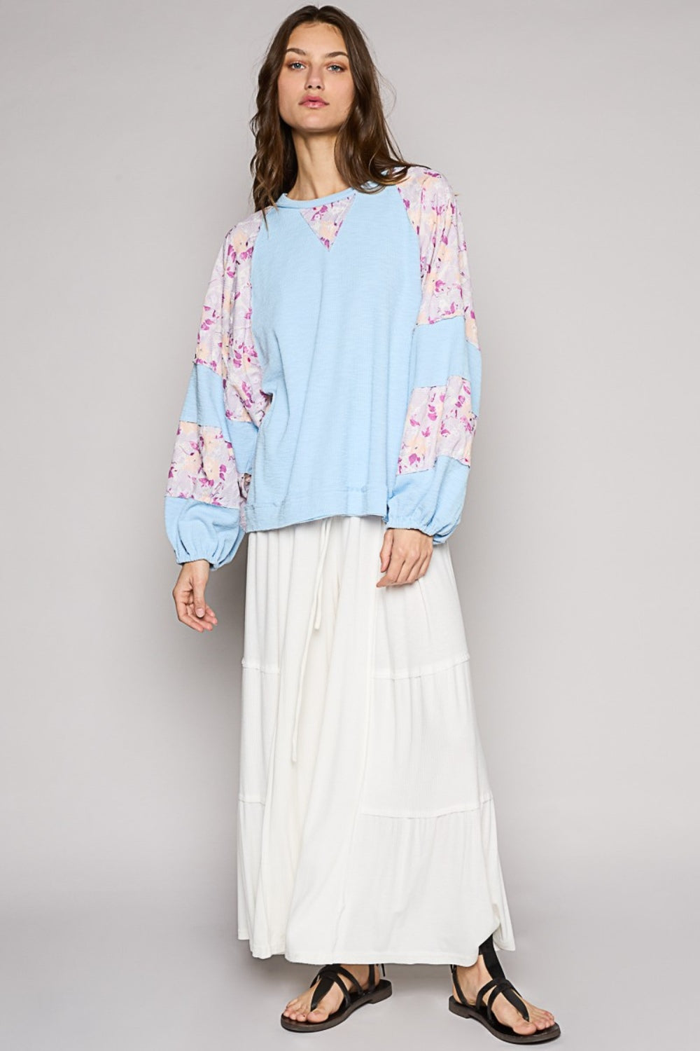 POL Round Neck Balloon Floral Long Sleeve Top - Charming Charlie