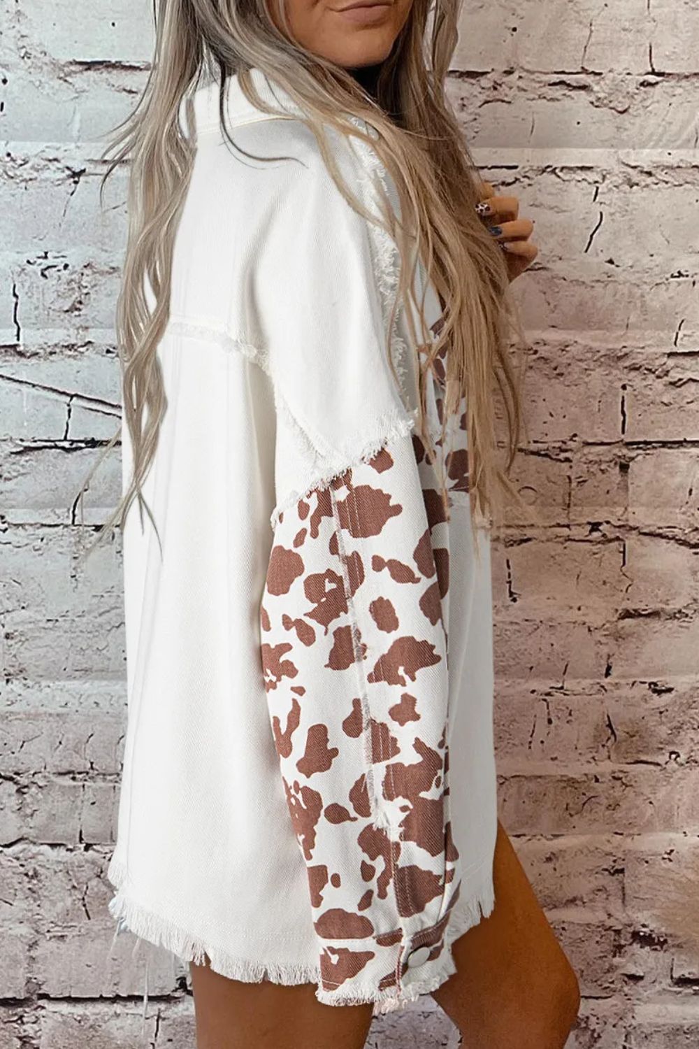 Raw Hem Animal Print Long Sleeve Denim Jacket - Charming Charlie