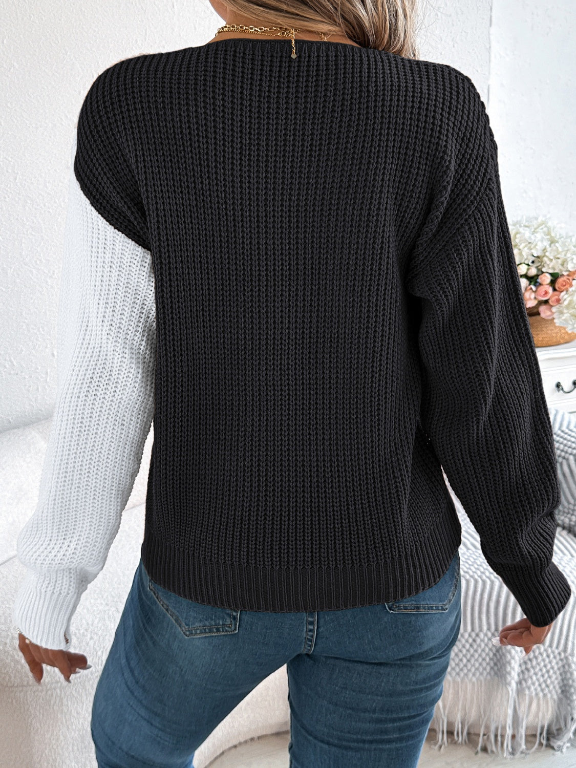 Two-Tone V-Neck Long Sleeve Sweater - Charming Charlie