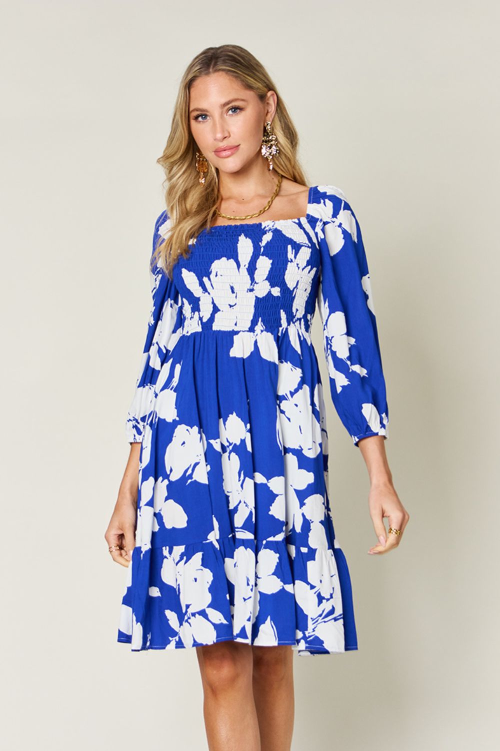 Double Take Full Size Floral Ruffle Hem Smocked Dress with Pockets - Charming Charlie