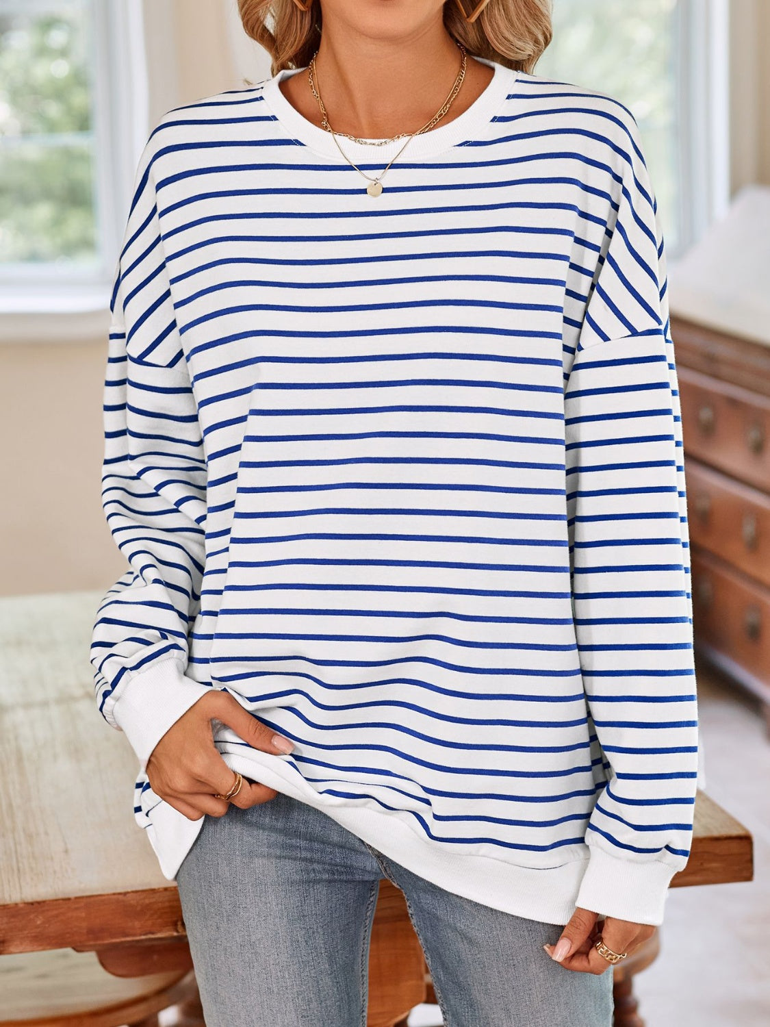 Striped Round Neck Long Sleeve Sweatshirt - Charming Charlie
