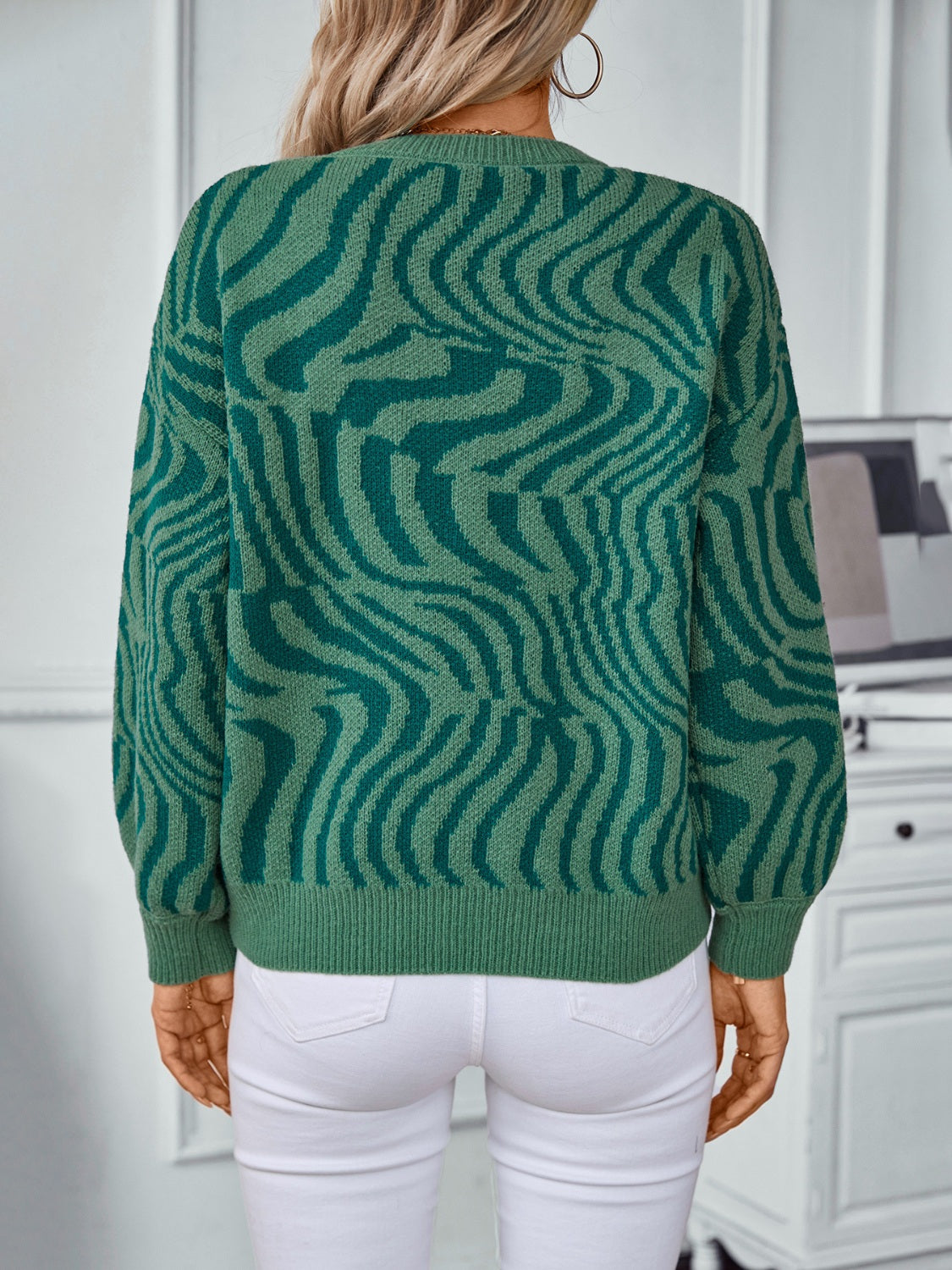 Geometric Round Neck Long Sleeve Sweater - Charming Charlie