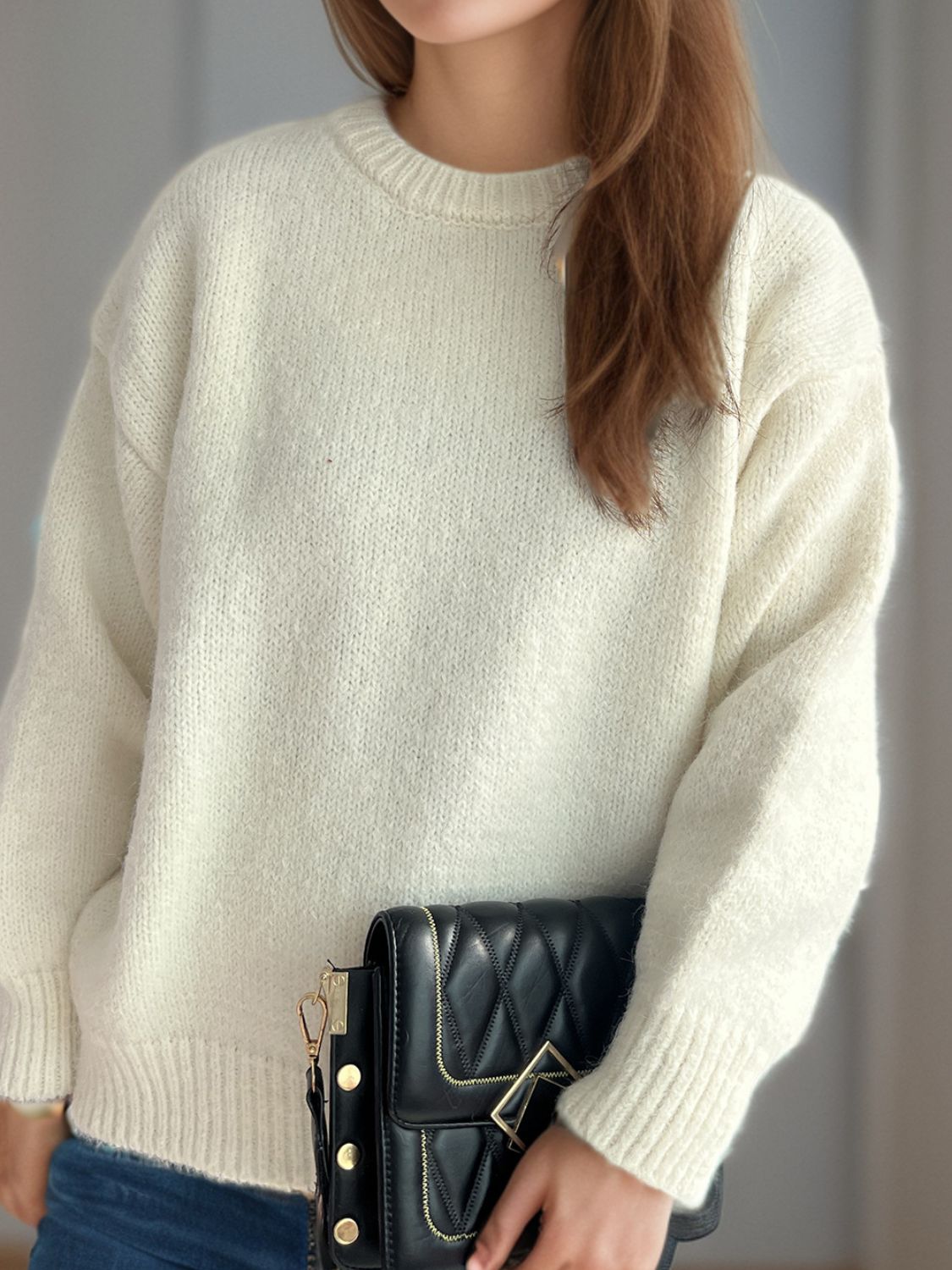 Round Neck Long Sleeve Sweater - Charming Charlie