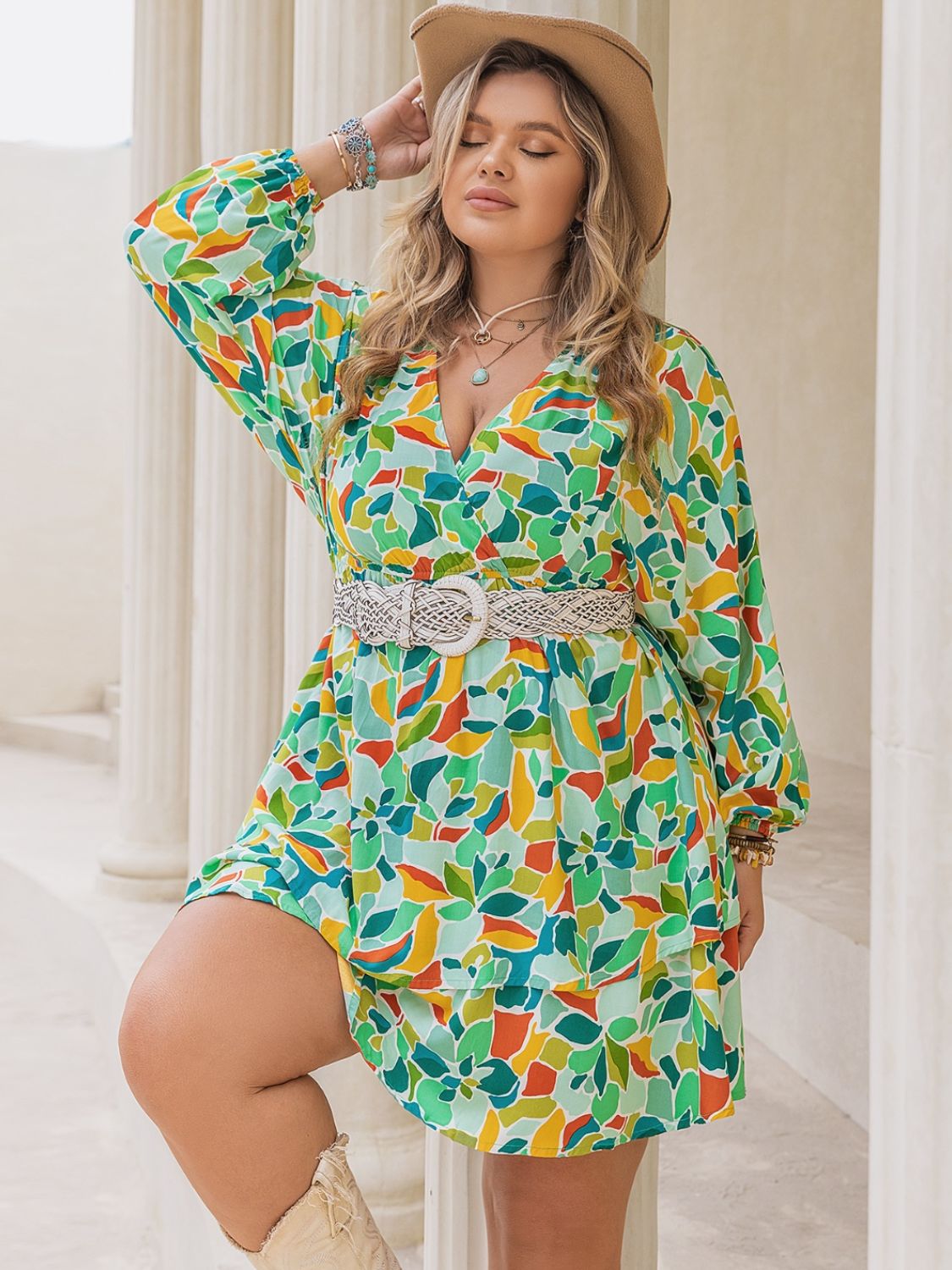 Plus Size Printed Surplice Long Sleeve Mini Dress - Charming Charlie