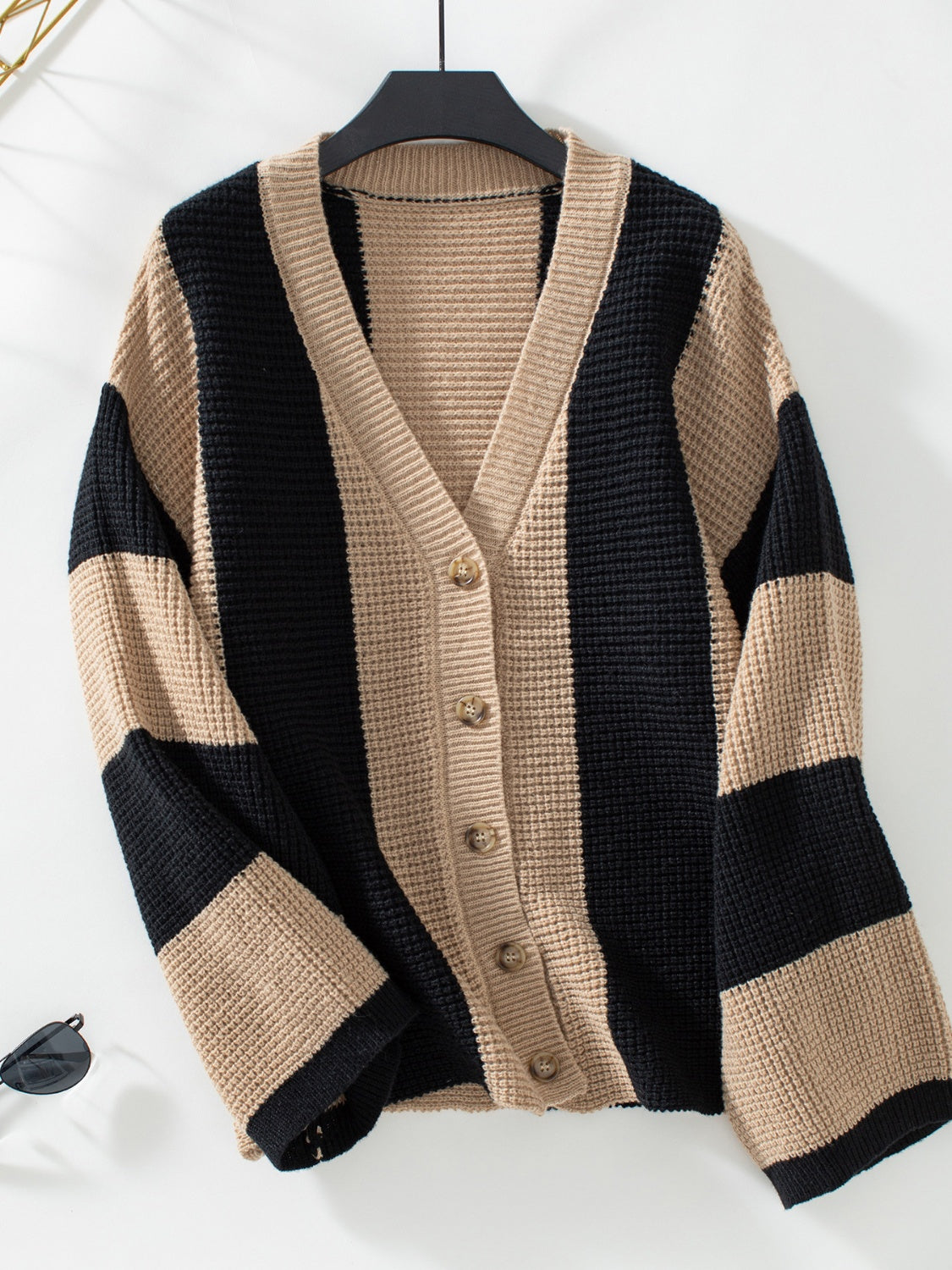 Waffle-Knit V-Neck Striped Long Sleeve Cardigan - Charming Charlie