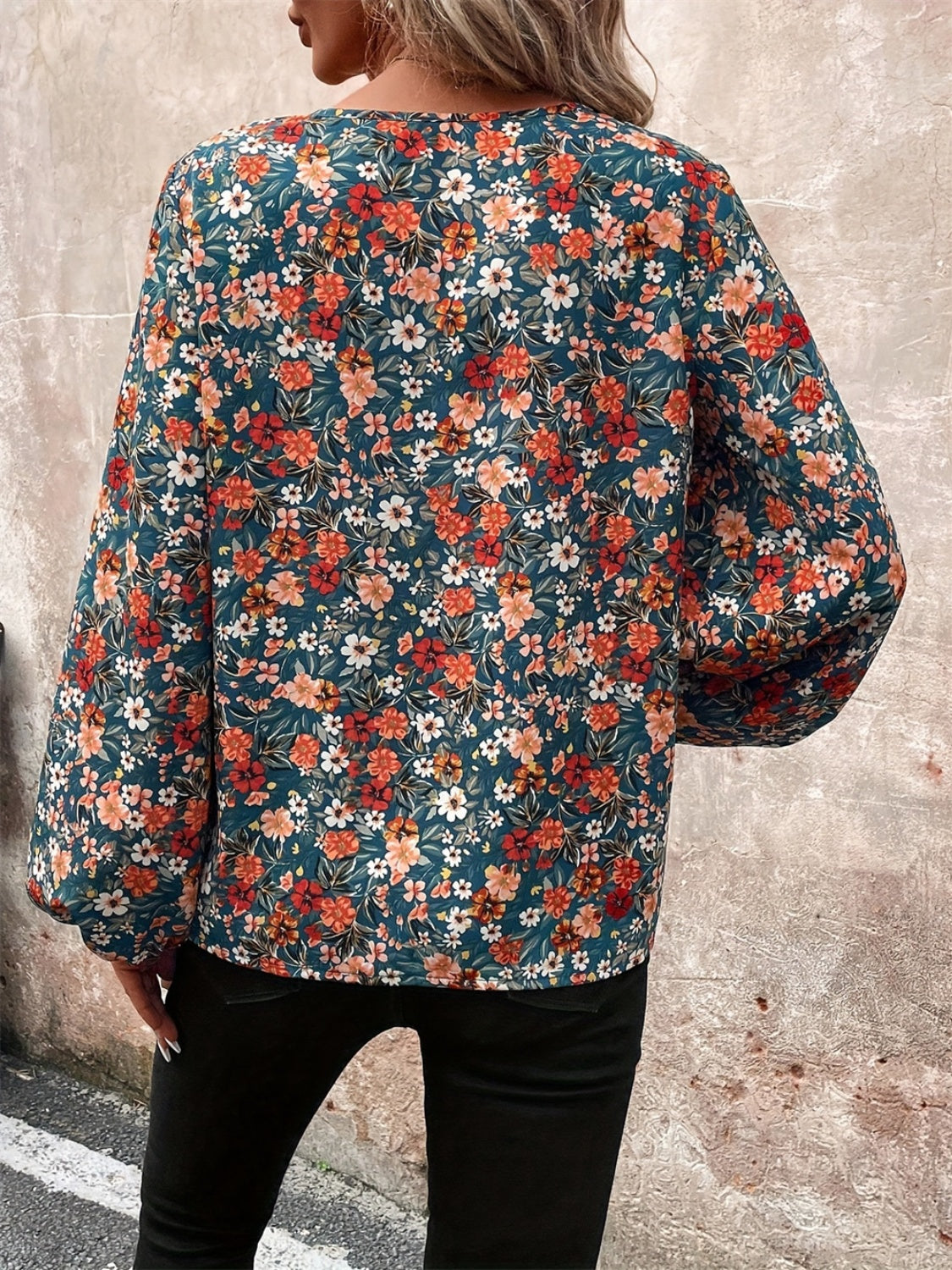 Printed V-Neck Balloon Sleeve Blouse - Charming Charlie