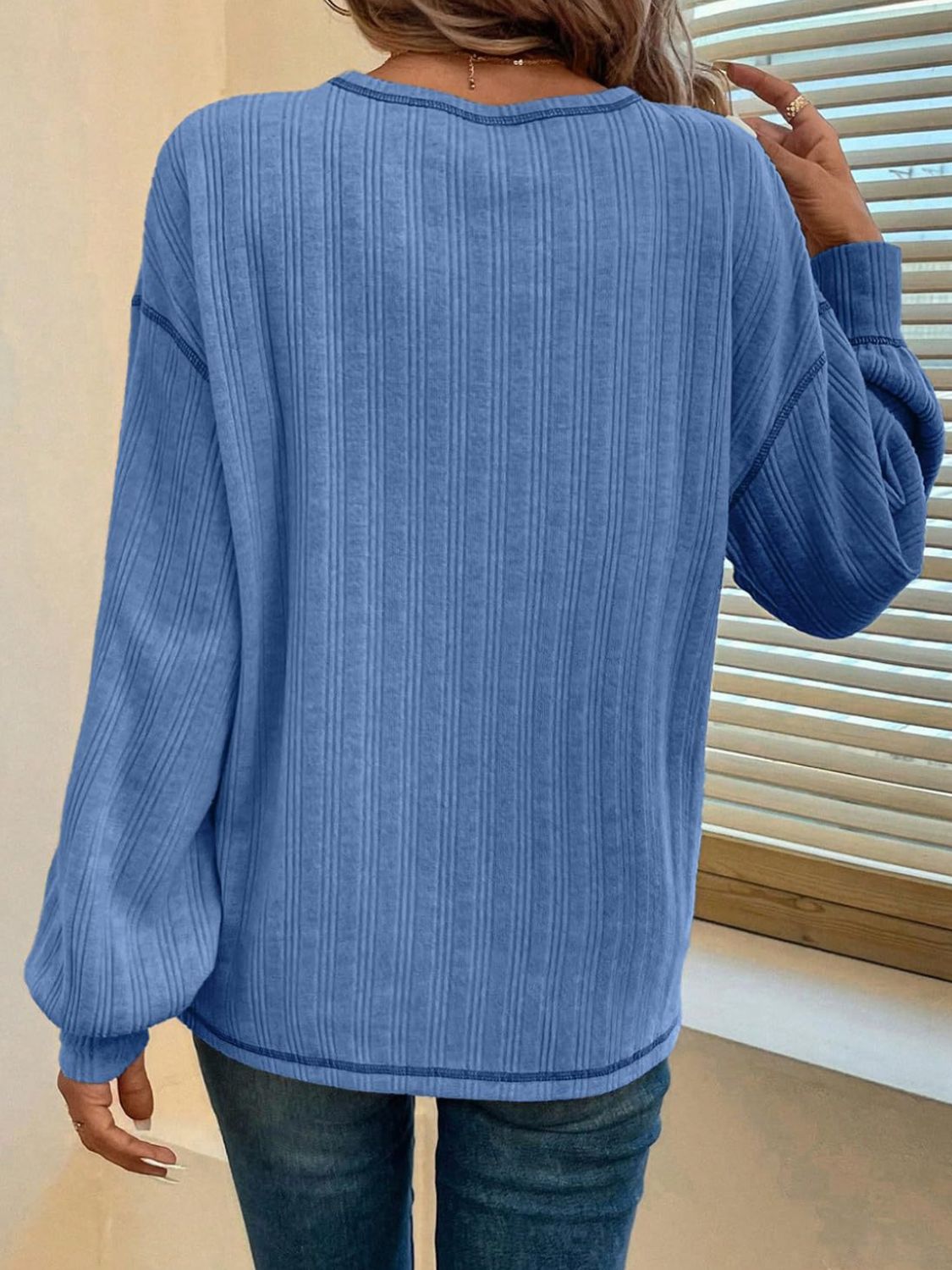 Mandy Contrast Stitching Round Neck Long Sleeve T-Shirt - Charming Charlie