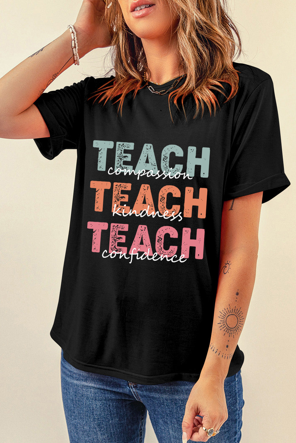 Letter Graphic Round Neck Short Sleeve T-Shirt - Charming Charlie