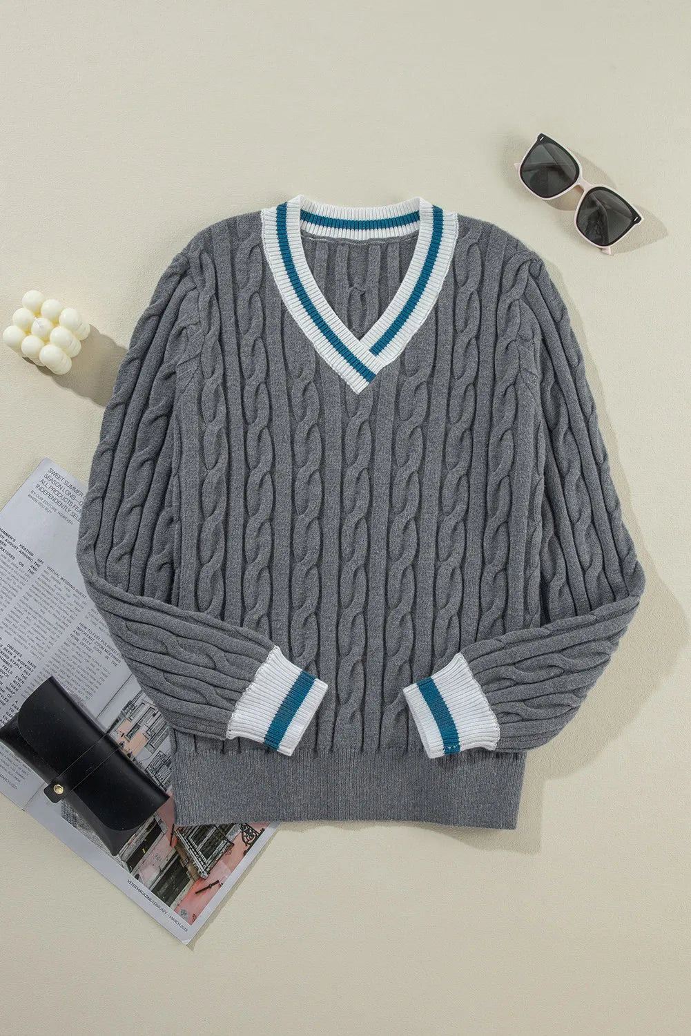 Cable-Knit V-Neck Long Sleeve Sweater - Charming Charlie