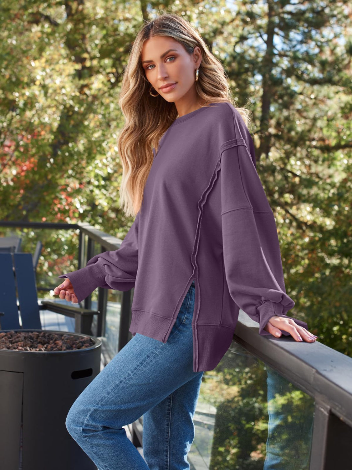 Slit Round Neck Long Sleeve Sweatshirt - Charming Charlie