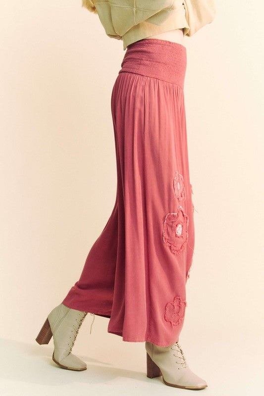 Davi & Dani Smocked Waist Flower Patch Wide Leg Pants - Charming Charlie