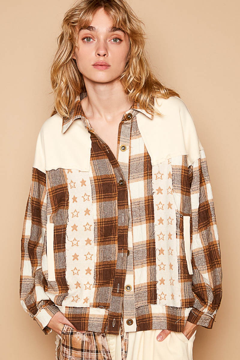 POL Plaid & Star Patchwork Contrast Long Sleeve Shacket - Charming Charlie