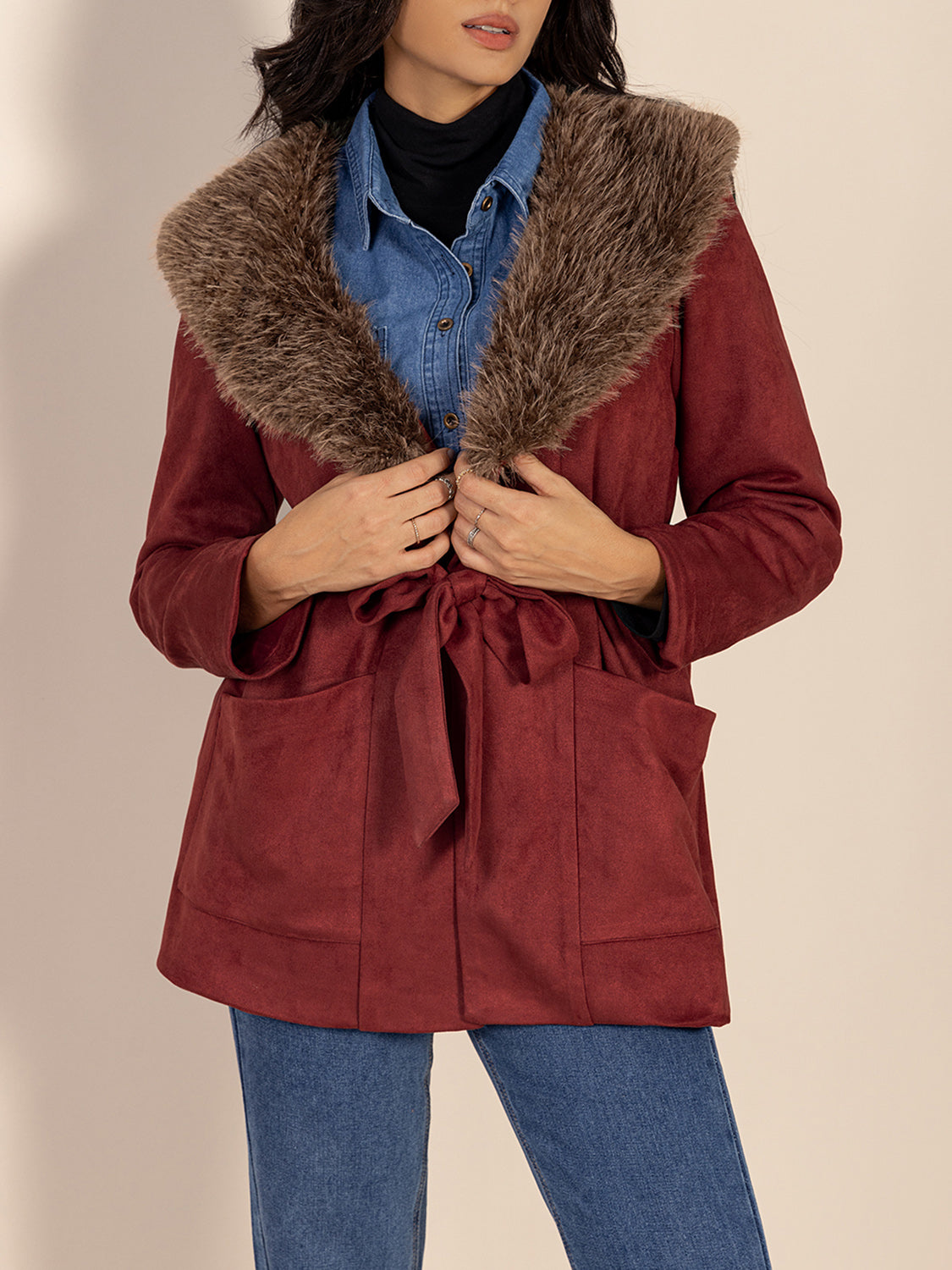 Fuzzy Collared Neck Tie Waist Jacket - Charming Charlie