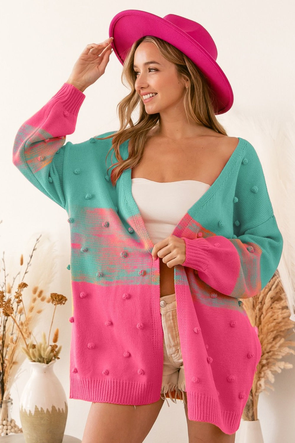 BiBi Color Block Ponpon Sweater Cardigan - Charming Charlie