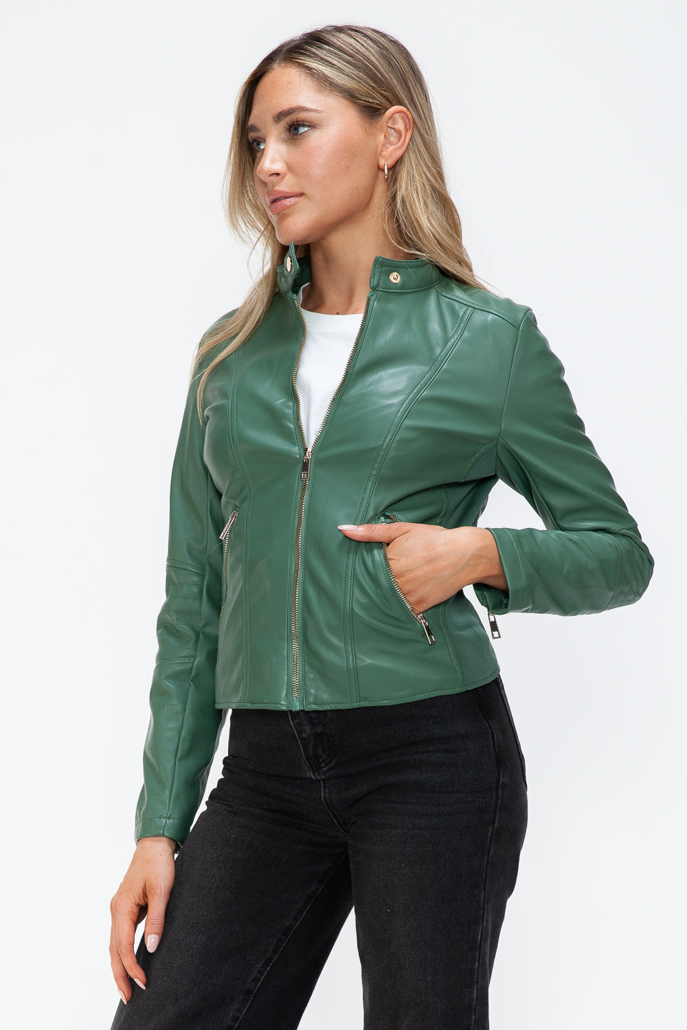 Snobbish Faux Leather Zip Up Drawstring Hooded Jacket - Charming Charlie