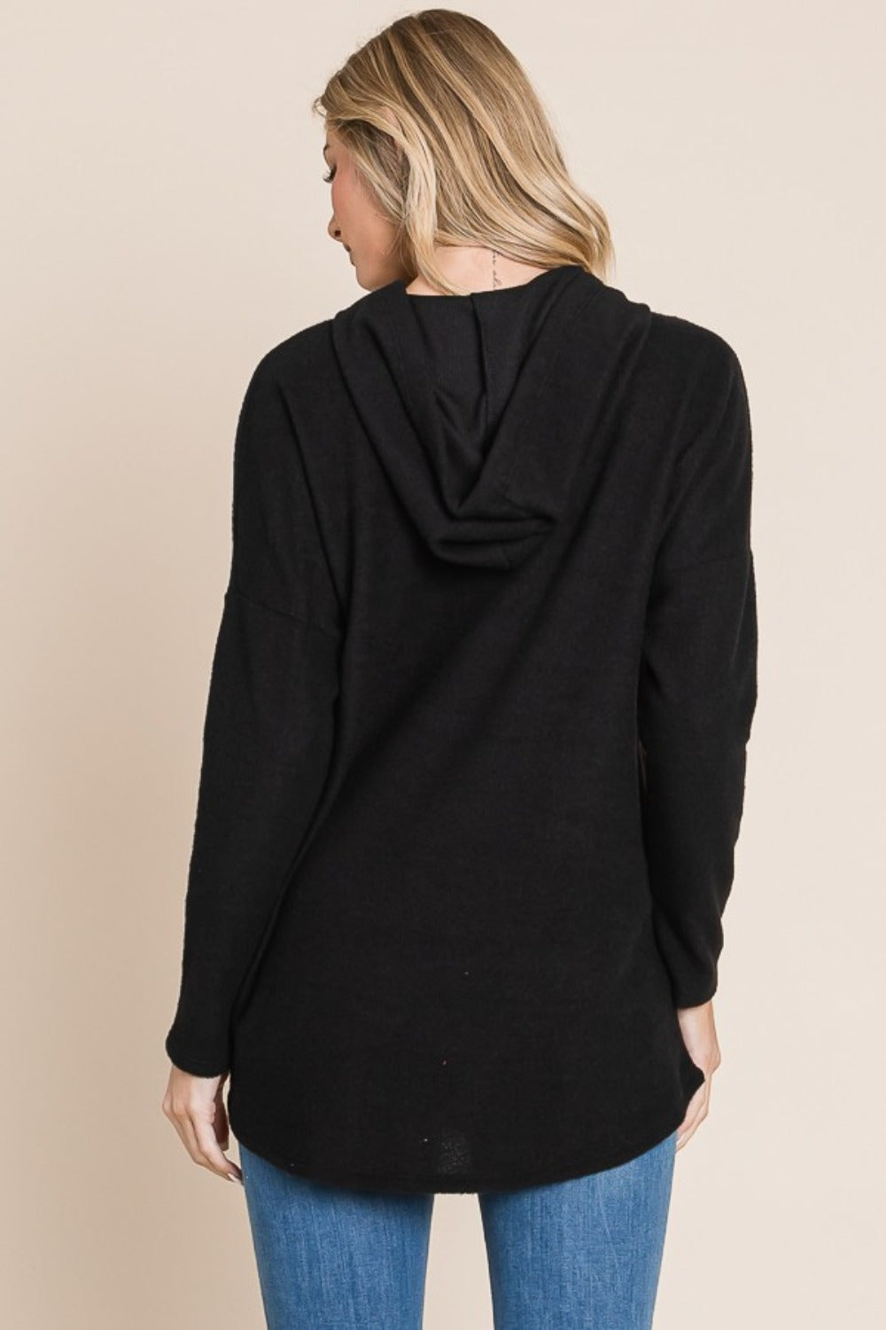 BOMBOM Contrast Drawstring Drop Shoulder Knit Hoodie - Charming Charlie