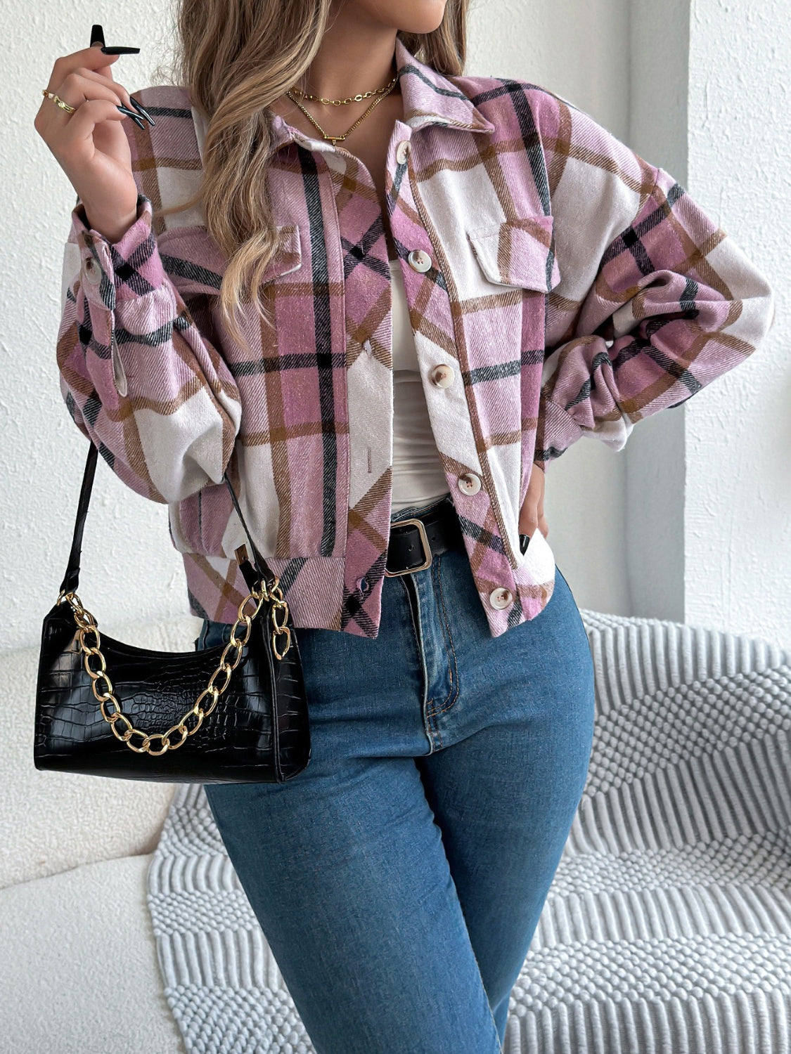 Plaid Button Up Long Sleeve Jacket - Charming Charlie