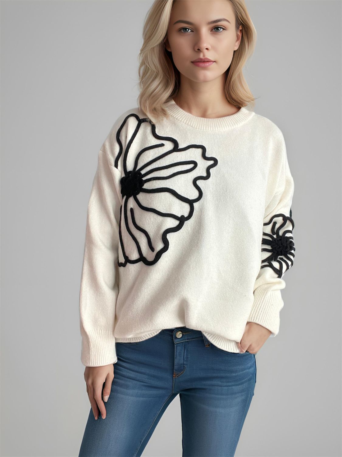 Flower Round Neck Long Sleeve Sweater - Charming Charlie