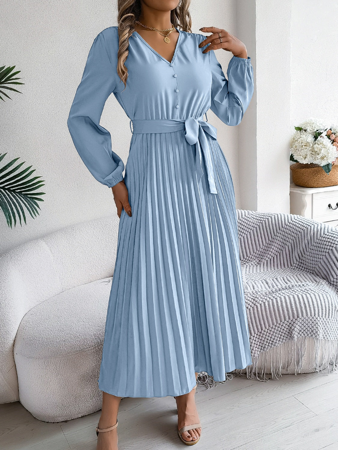 Pleated Tied V-Neck Long Sleeve Dress - Charming Charlie