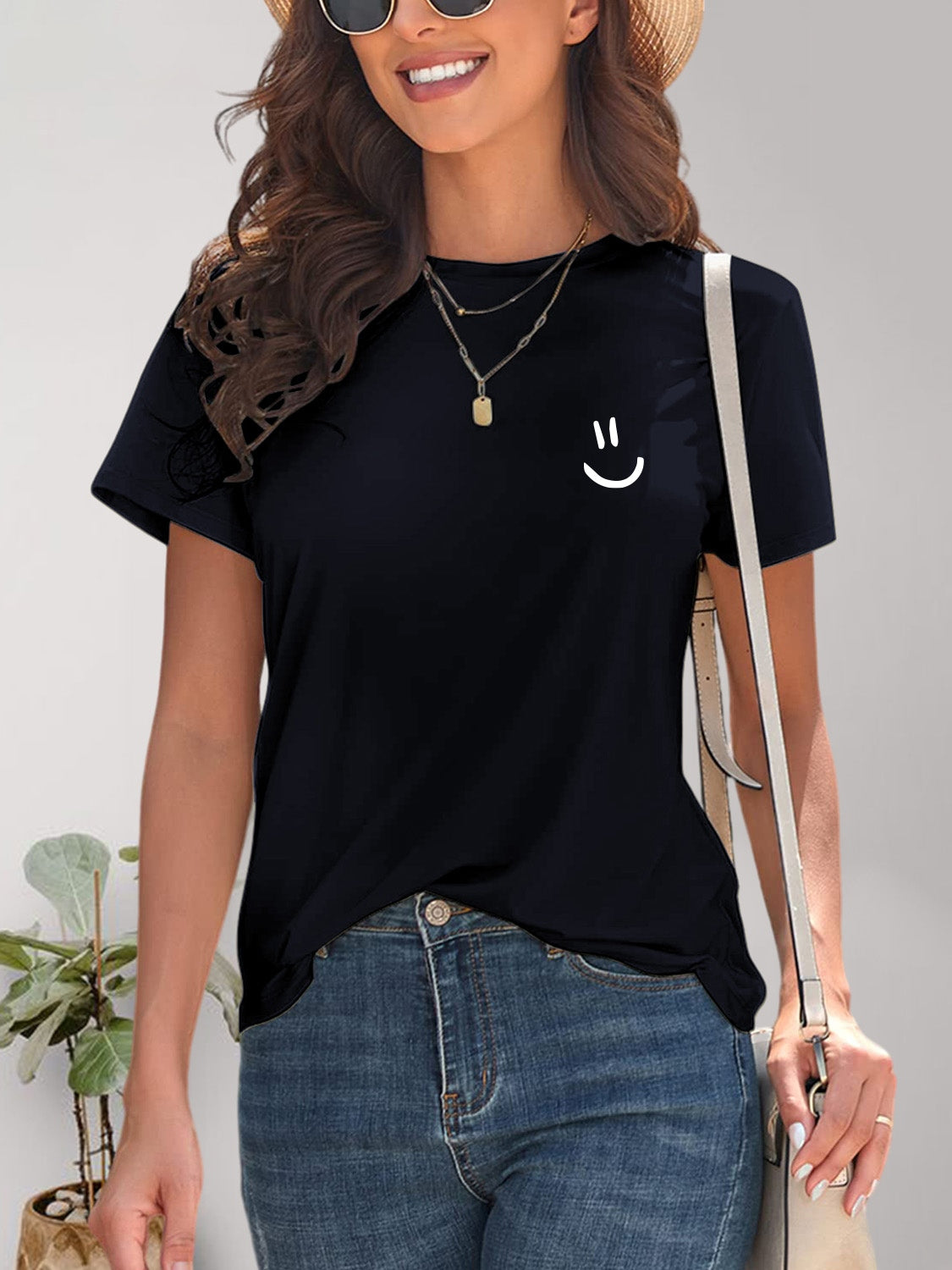 Smile Graphic Round Neck Short Sleeve T-Shirt - Charming Charlie