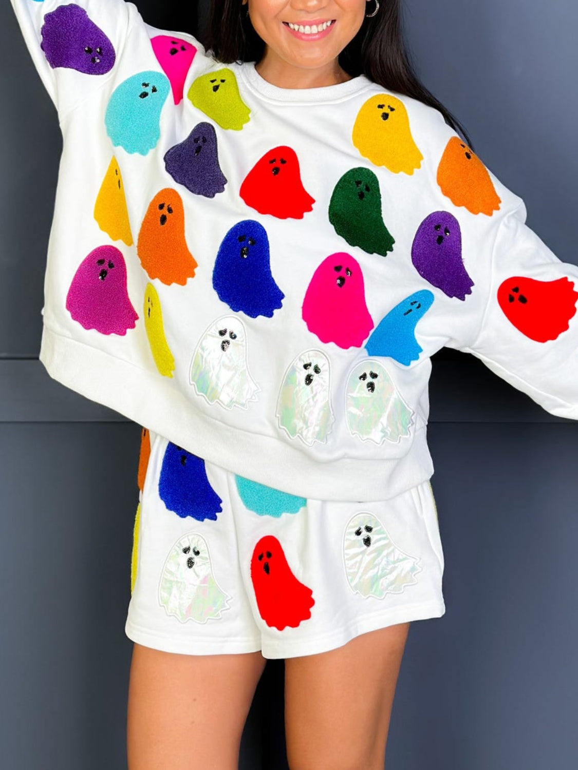 Ghost Printed Round Neck Long Sleeve Top and Shorts Set - Charming Charlie