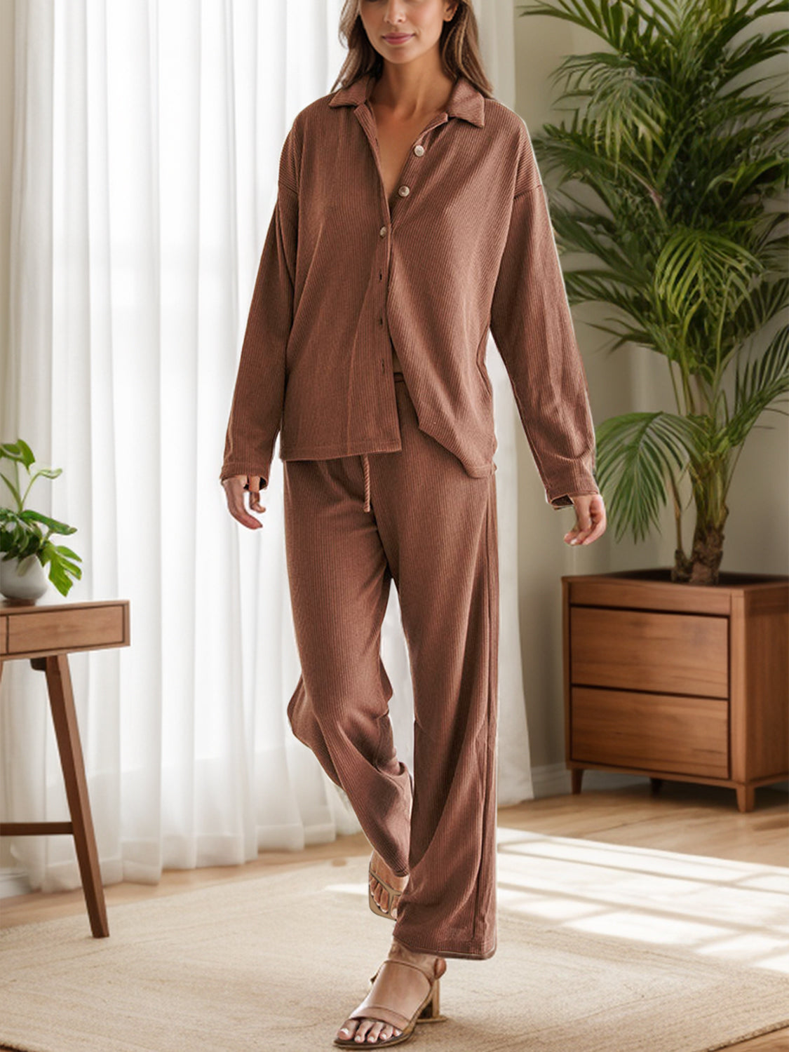 Collared Neck Long Sleeve Top and Drawstring Pants Set - Charming Charlie