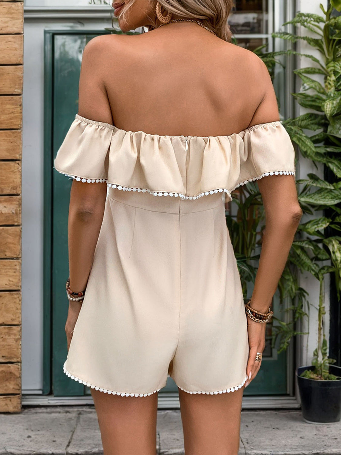 Tied Ruffled Off-Shoulder Short Sleeve Romper - Charming Charlie