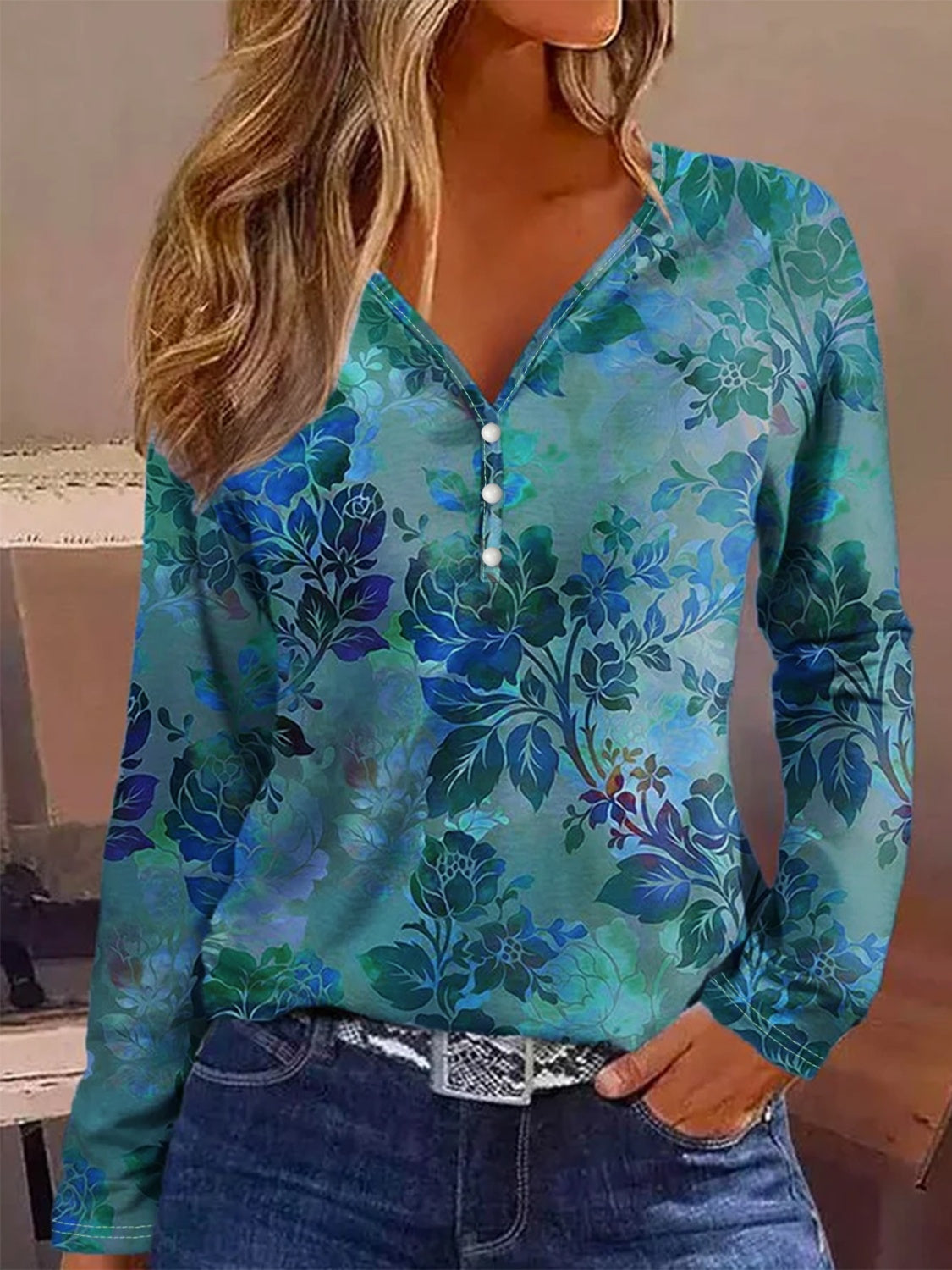 Printed V-Neck Long Sleeve Blouse - Charming Charlie
