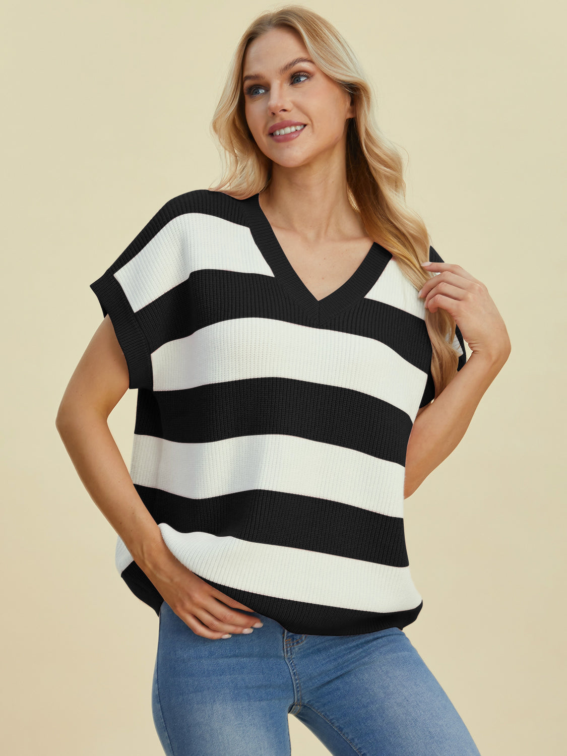 Double Take Full Size Striped V-Neck Short Sleeve Sweater - Charming Charlie