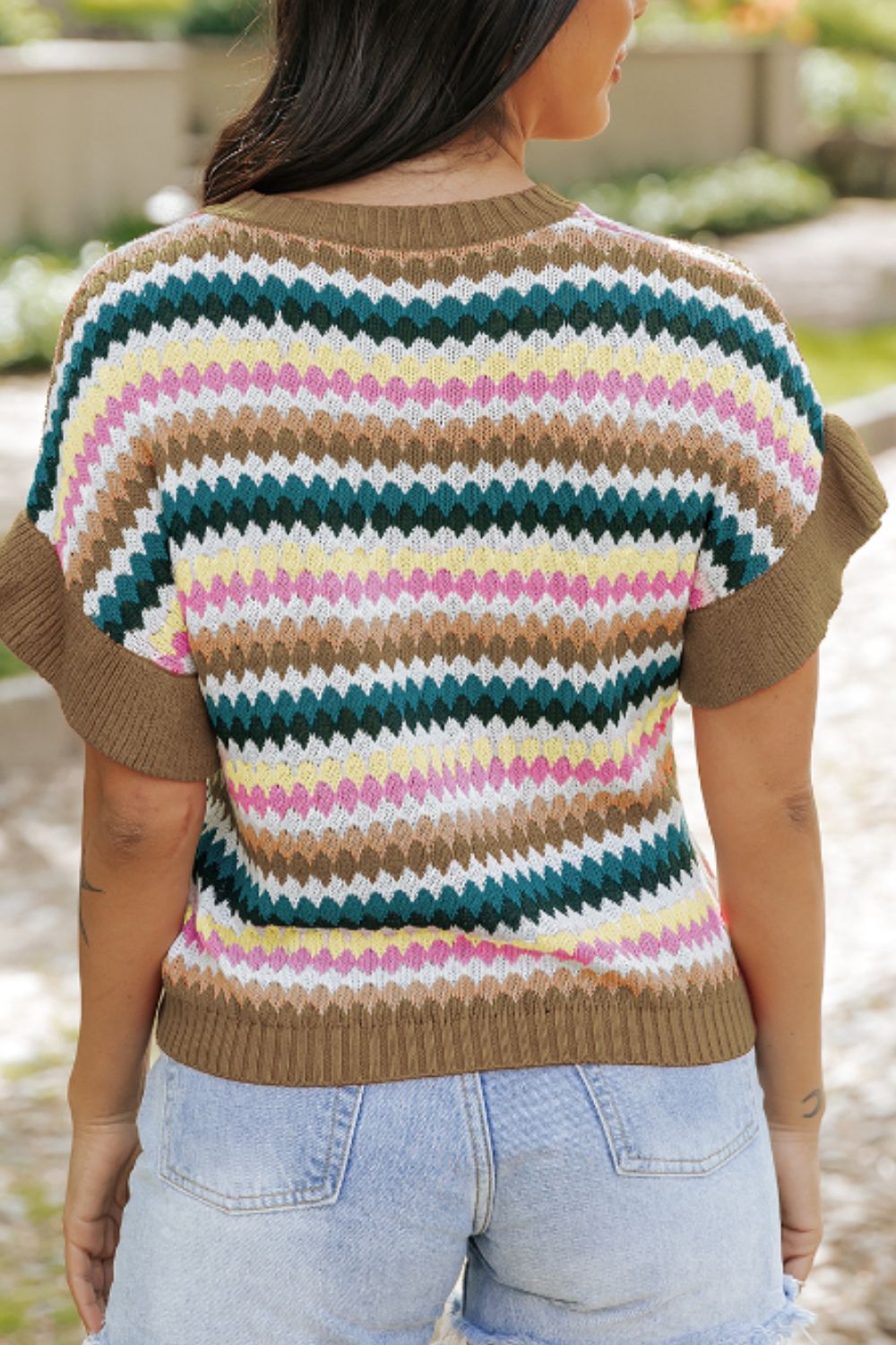 Contrast Round Neck Short Sleeve Sweater - Charming Charlie