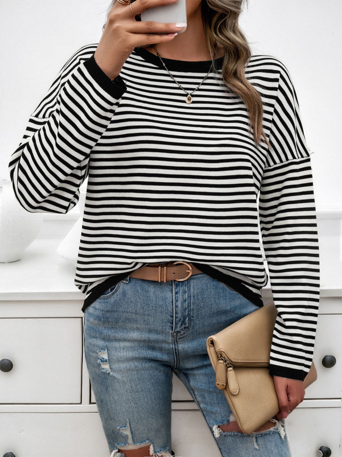 Striped Round Neck Dropped Shoulder Sweater - Charming Charlie