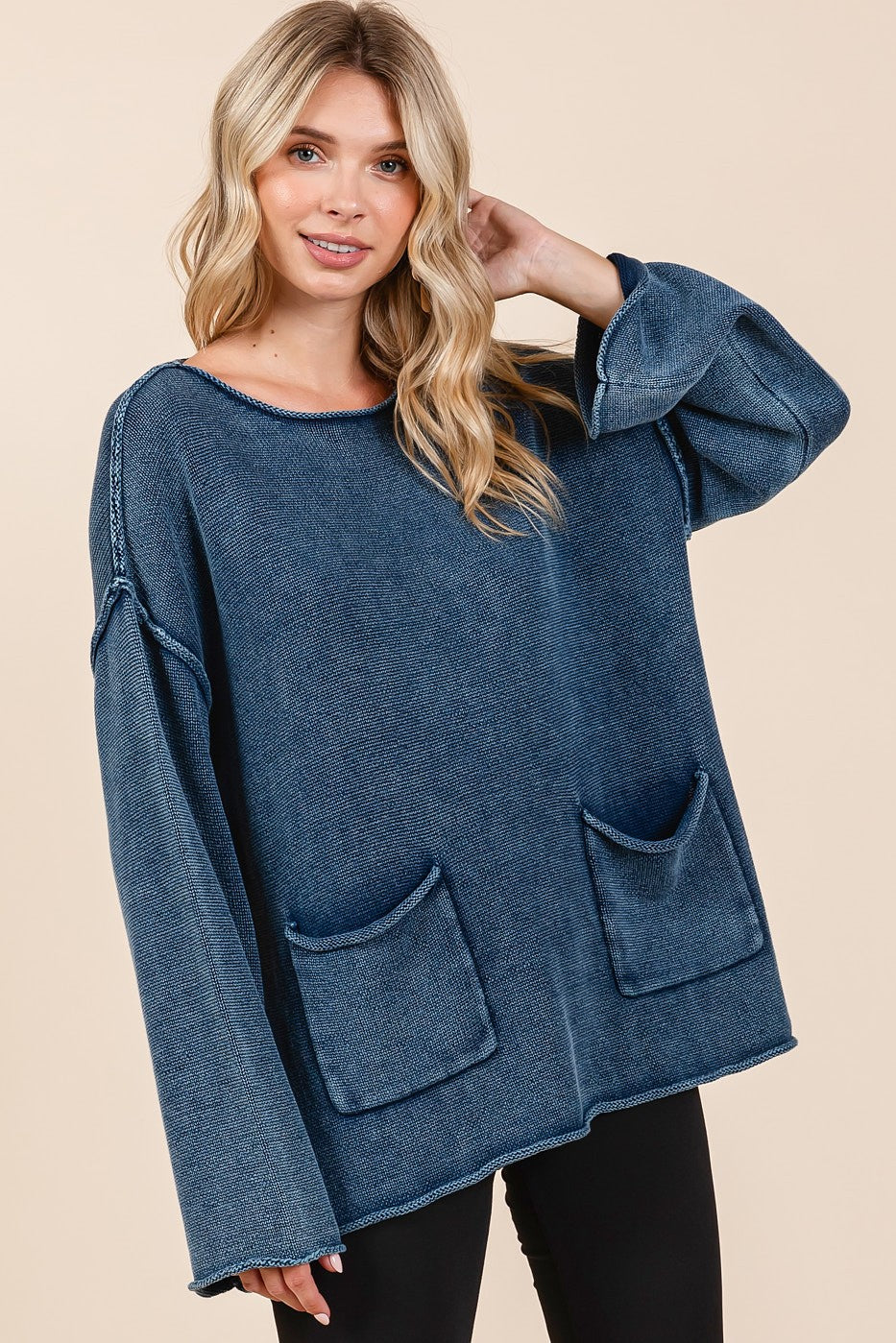 Mittoshop Mineral Wash Patch Pocket Cut Edge Sweater - Charming Charlie