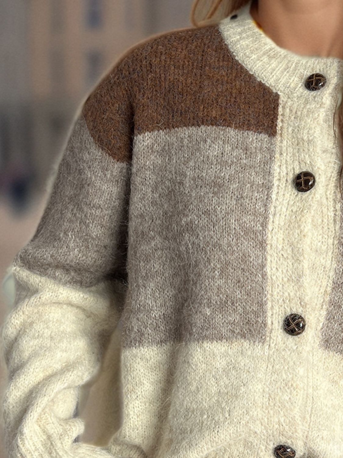 Color Block Round Neck Button Up Cardigan - Charming Charlie