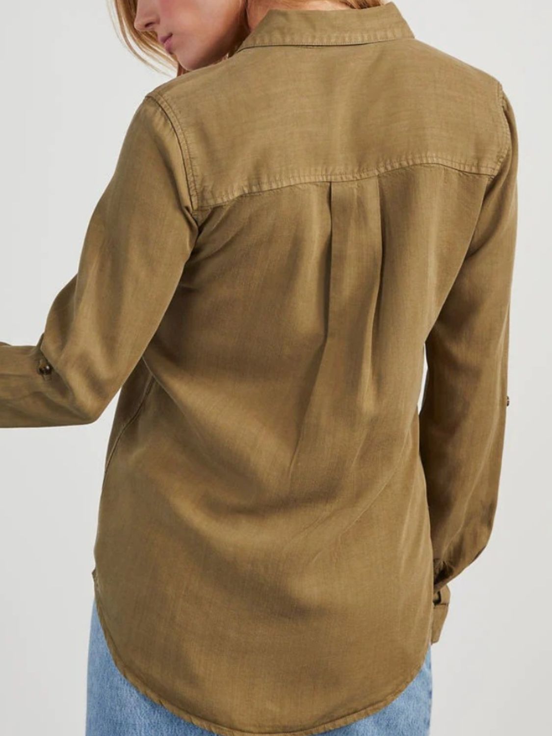 Collared Neck Roll-Tab Sleeve Denim Top - Charming Charlie