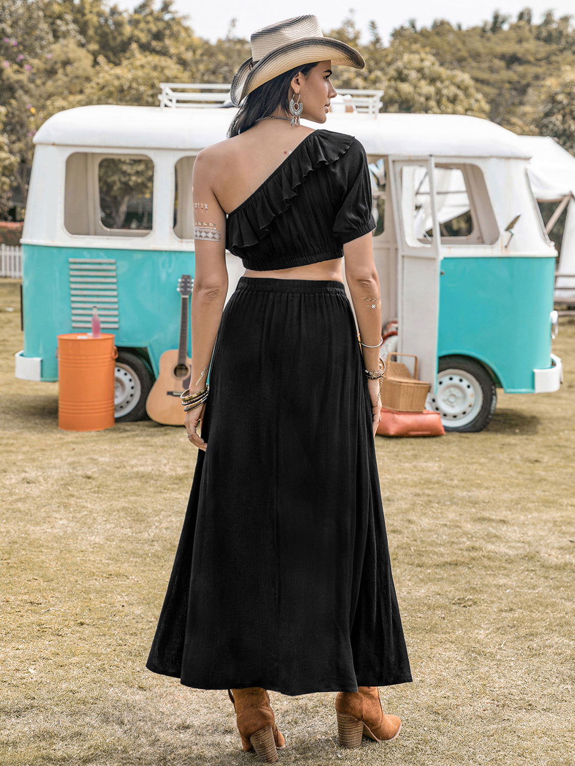 Ruffled Single Shoulder Top and Slit Skirt Set - Charming Charlie