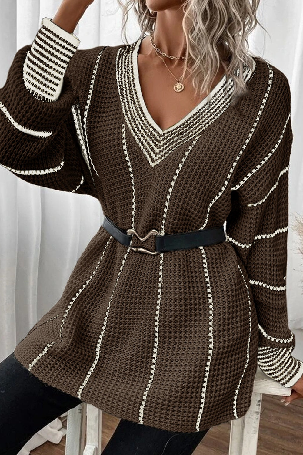 Striped V-Neck Dropped Shoulder Sweater - Charming Charlie