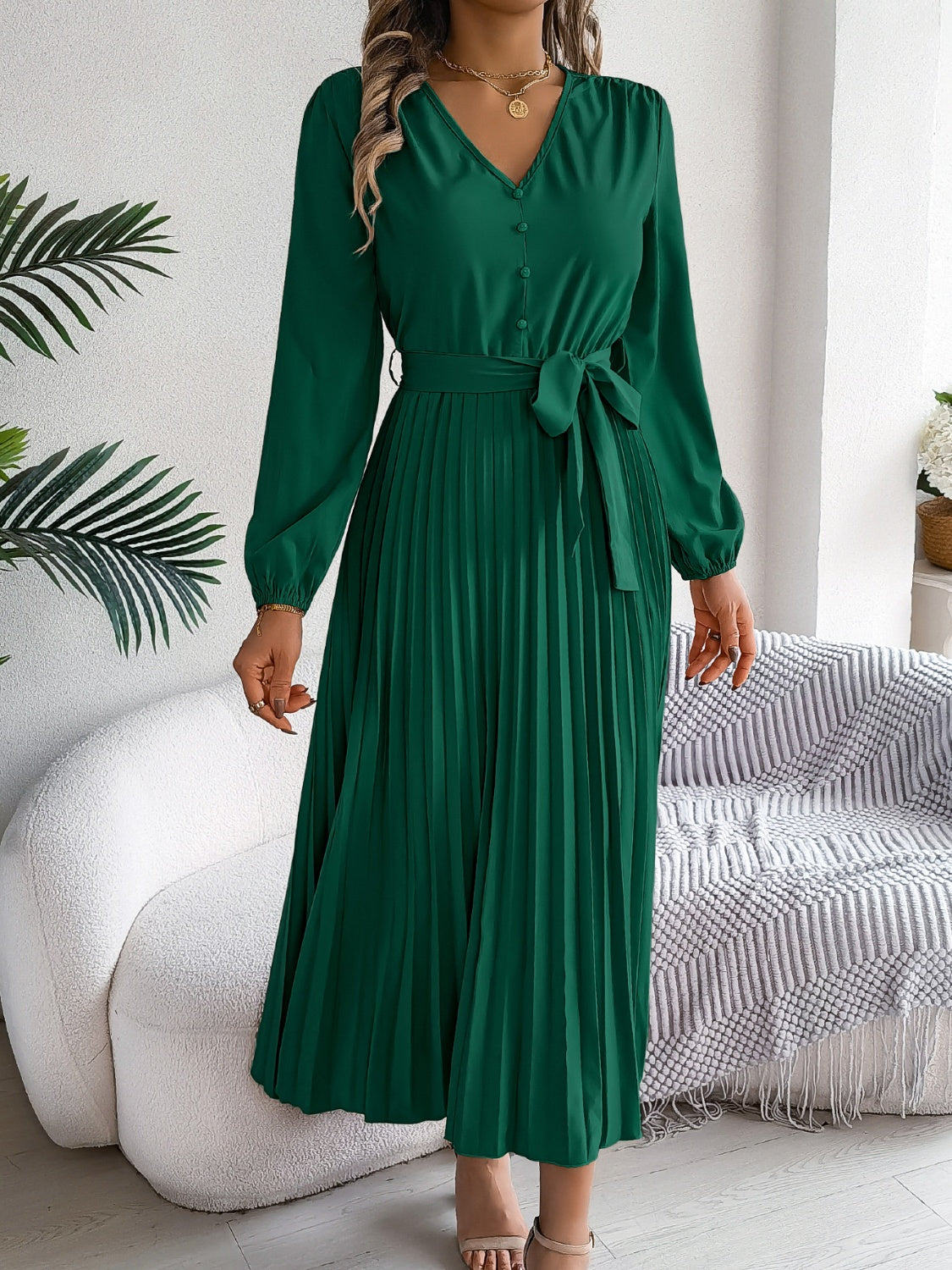 Pleated Tied V-Neck Long Sleeve Dress - Charming Charlie