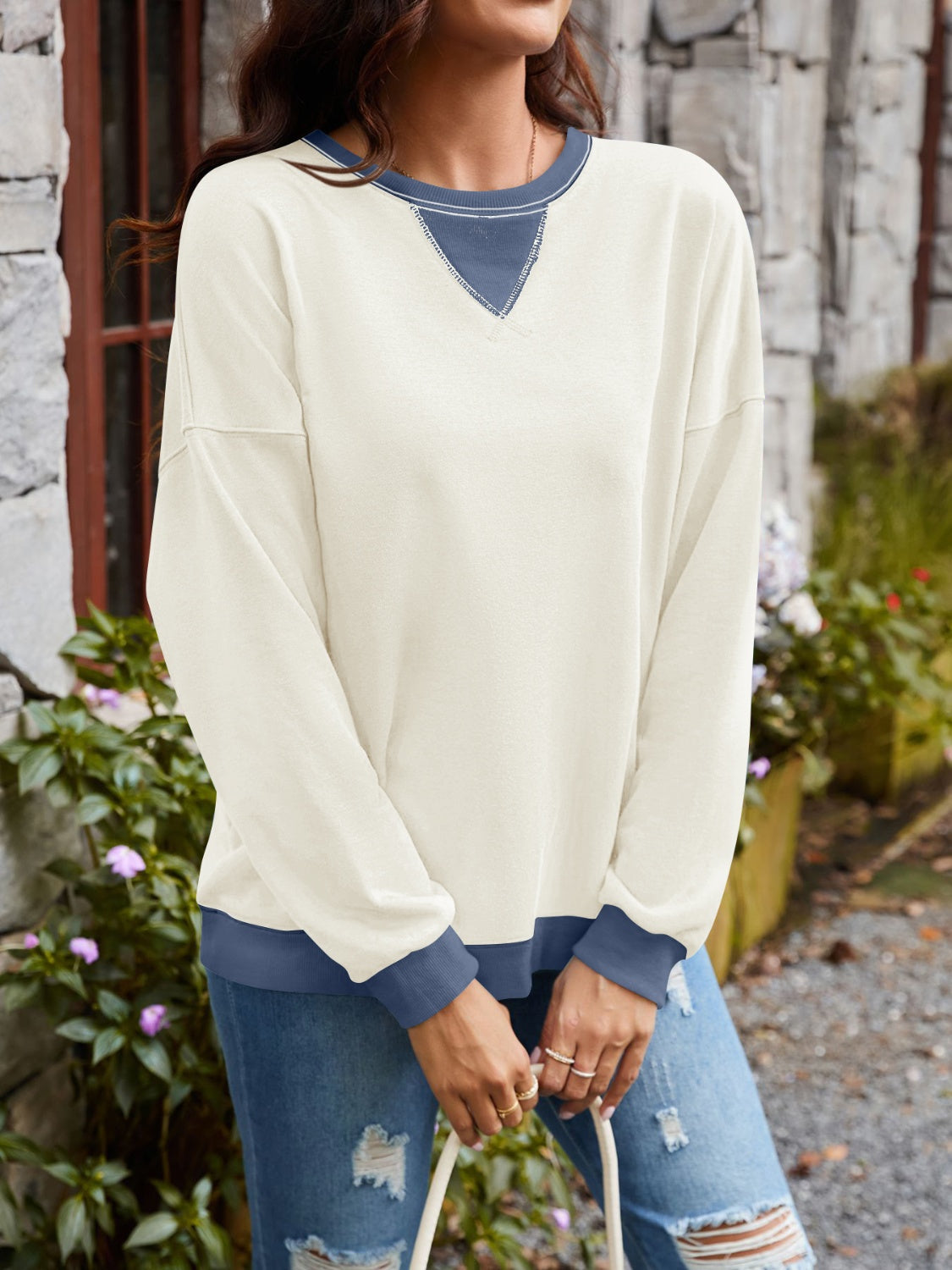 Contrast Round Neck Long Sleeve Sweatshirt - Charming Charlie