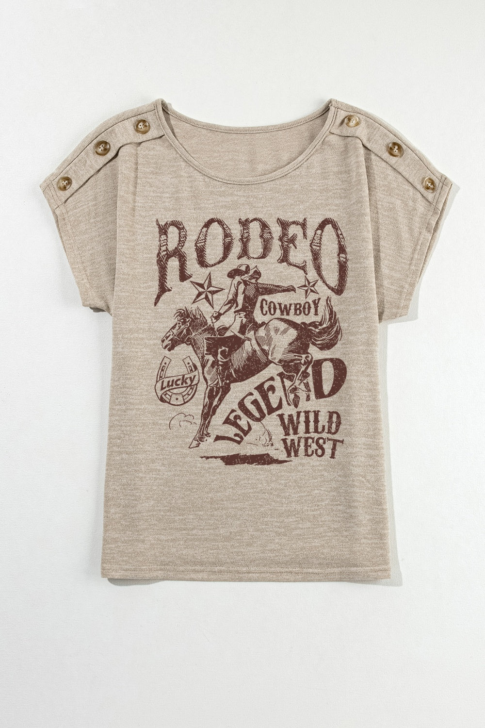 Decorative Button Graphic Round Neck Short Sleeve T-Shirt - Charming Charlie