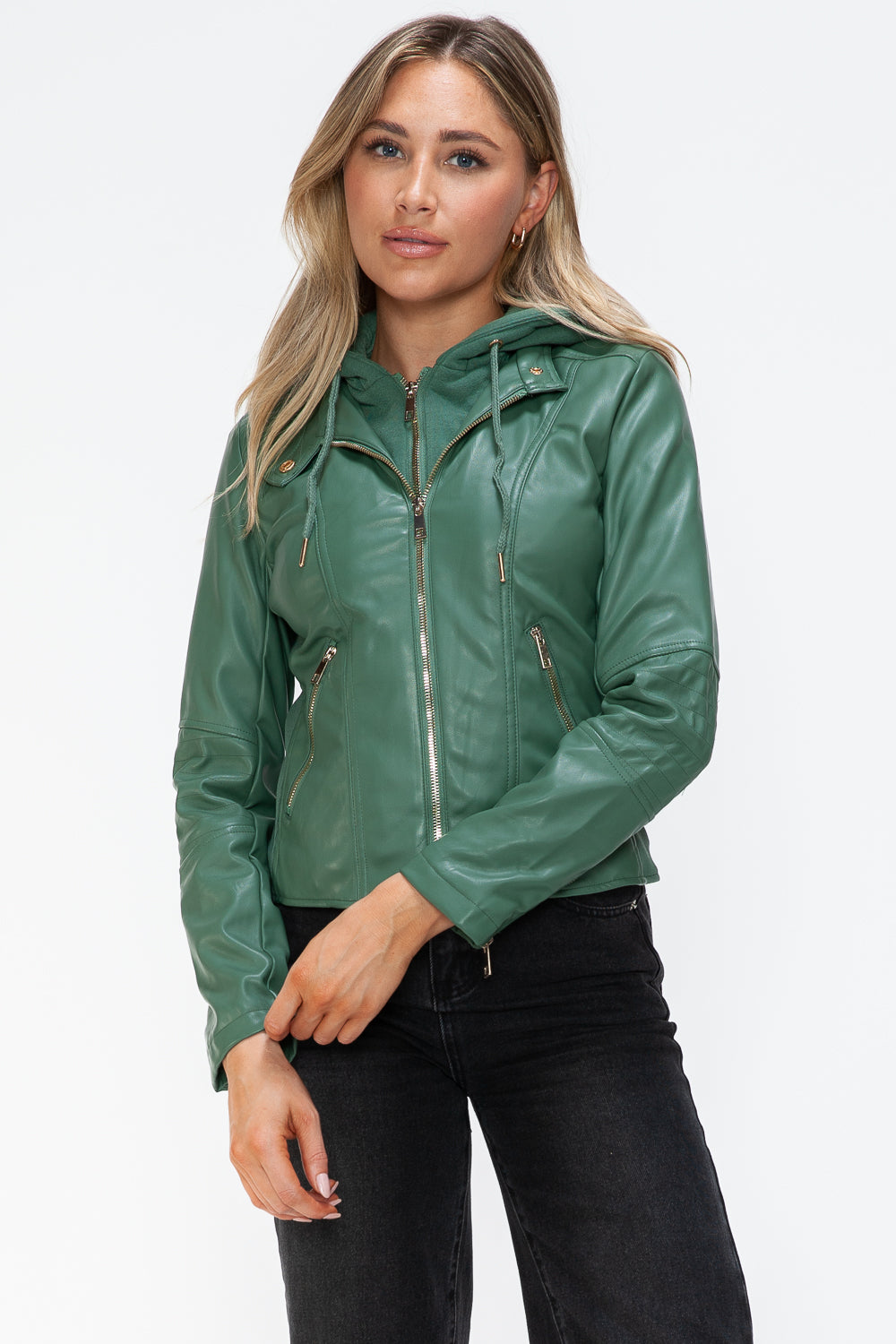 Snobbish Faux Leather Zip Up Drawstring Hooded Jacket - Charming Charlie