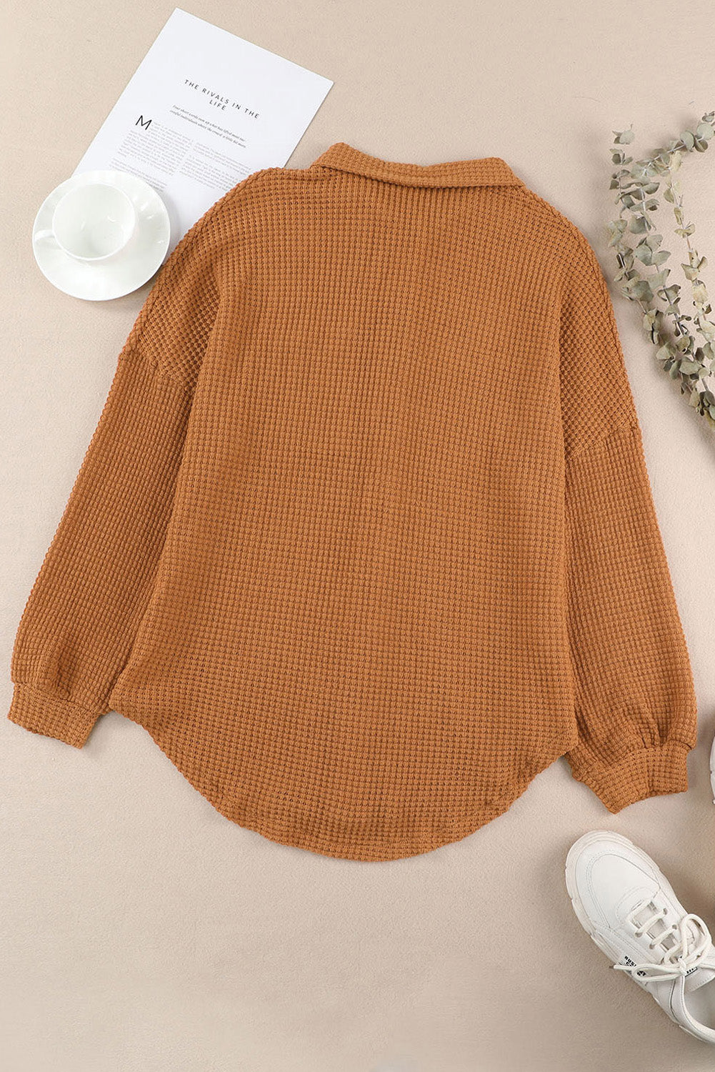 Waffle-Knit Collared Neck Long Sleeve Shirt - Charming Charlie