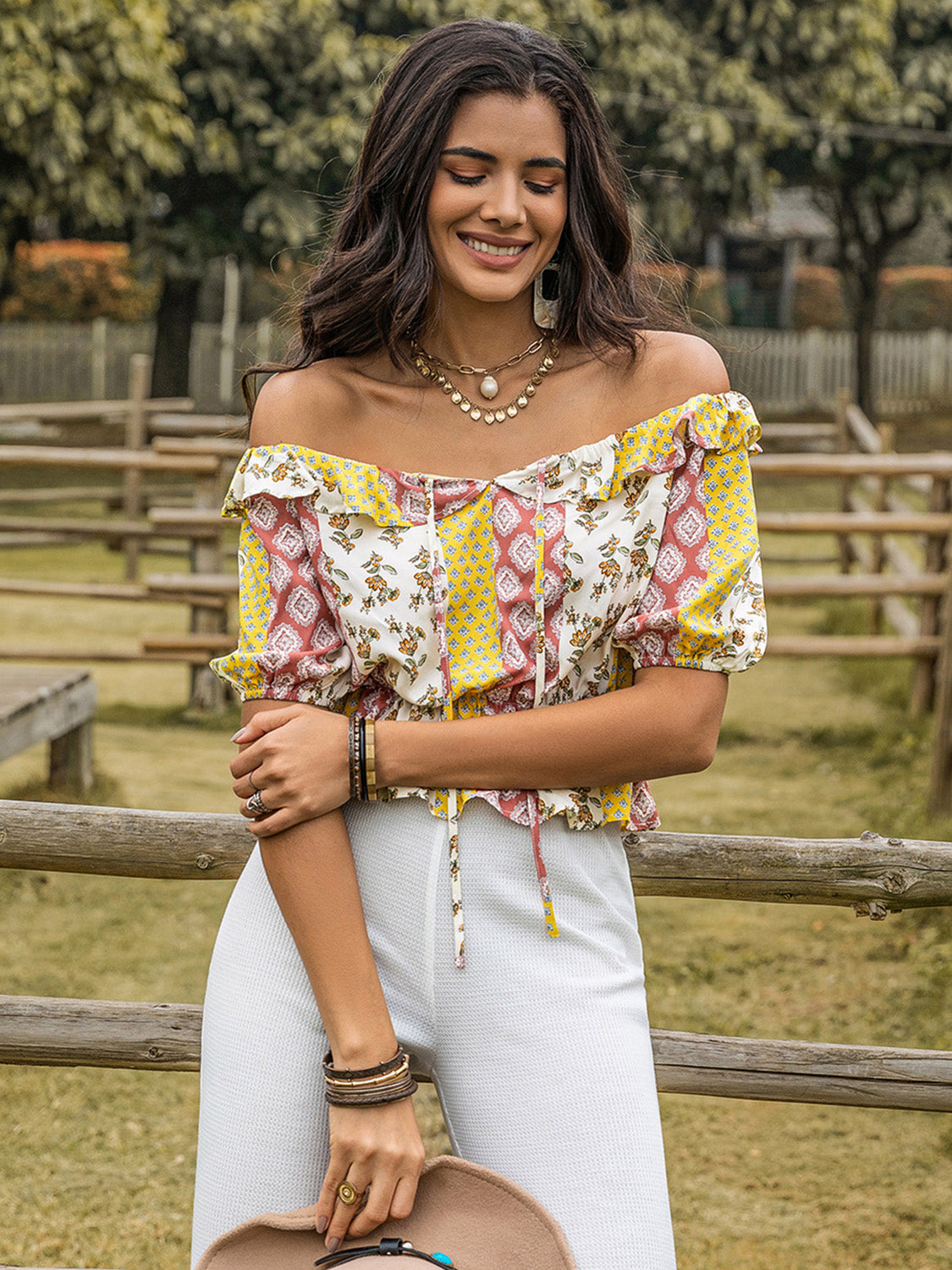 Ruffled Printed Off-Shoulder Short Sleeve Blouse - Charming Charlie