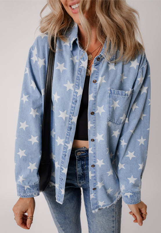 Raw Hem Star Collared Neck Denim Top - Charming Charlie