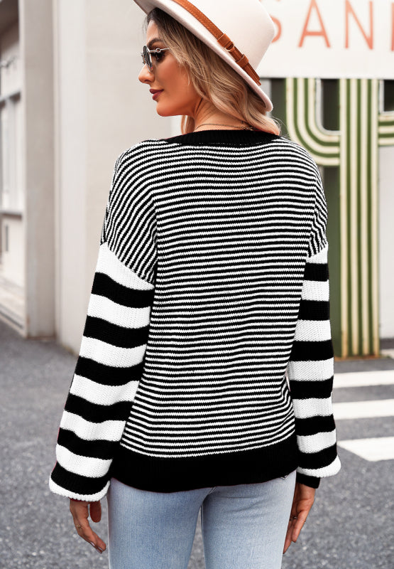 Striped Round Neck Dropped Shoulder Sweater - Charming Charlie