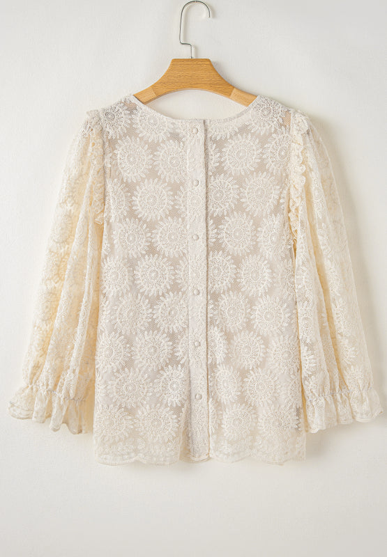 Flower Jacquard Flounce Sleeve Blouse - Charming Charlie