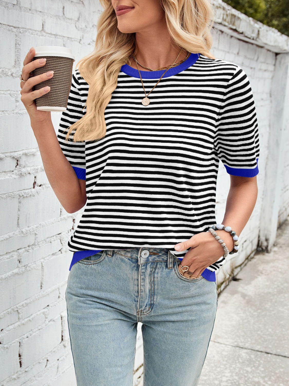 Lovelet Striped Contrast Round Neck Half Sleeve Knit Top - Charming Charlie