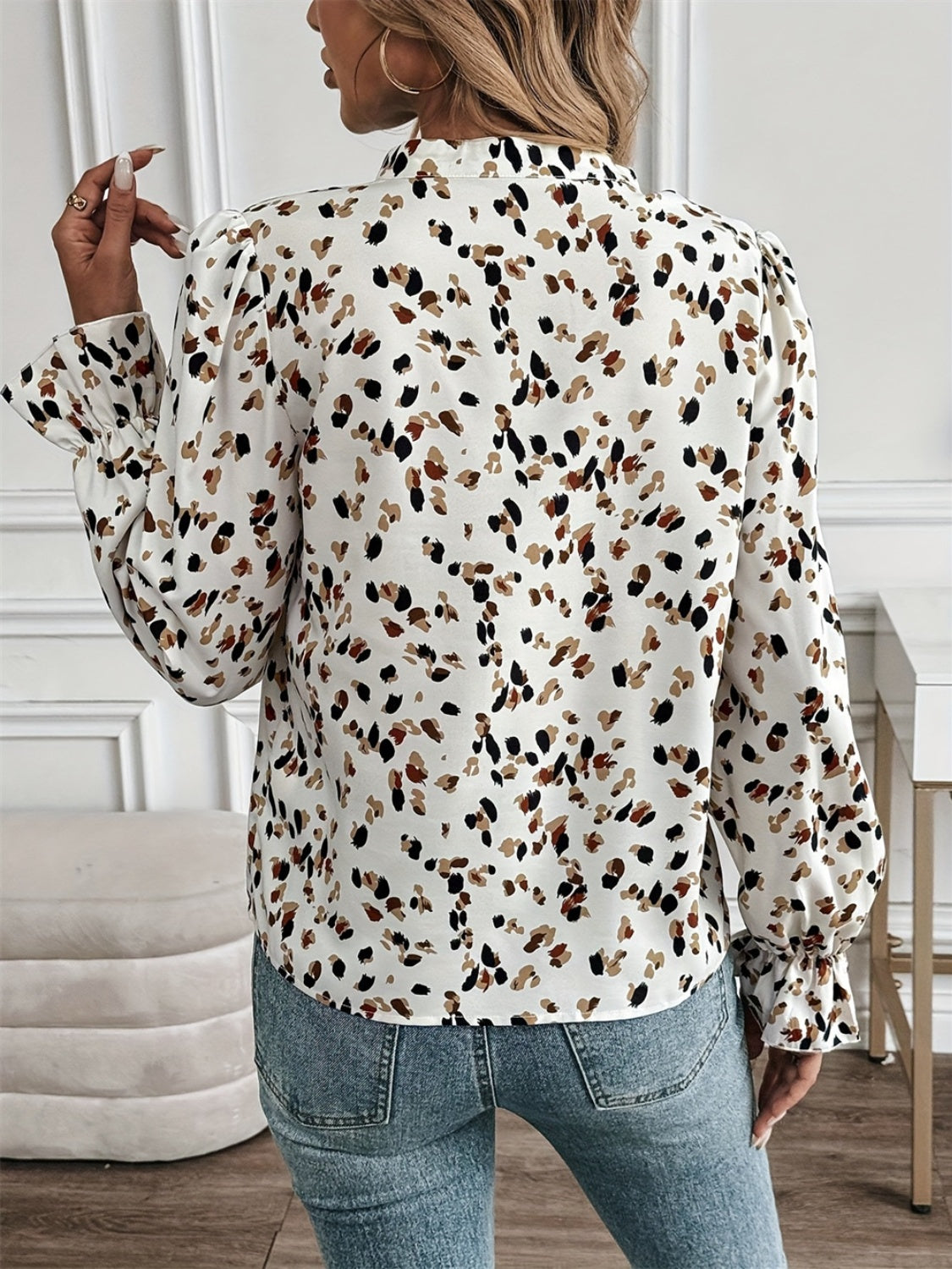 Printed Notched Flounce Sleeve Blouse - Charming Charlie