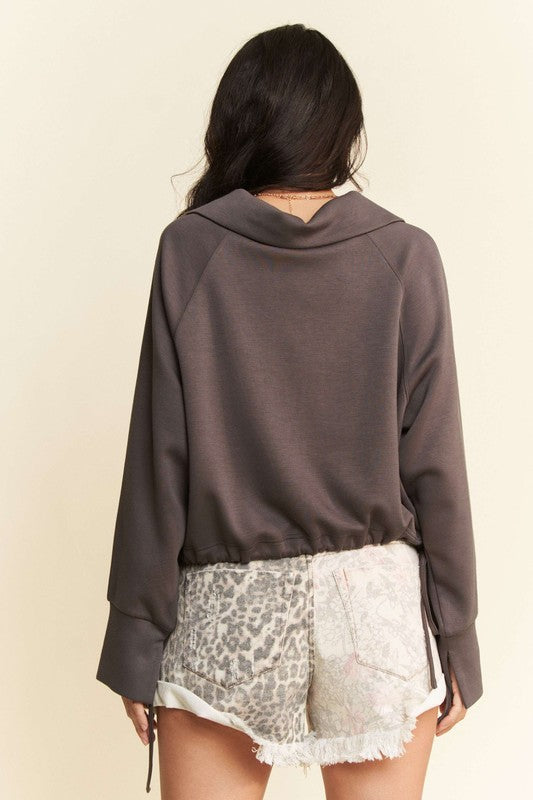 Davi & Dani Drawstring Hem Half Zip Raglan Sleeve Sweatshirt - Charming Charlie